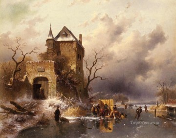 Charles Leickert Painting - Skaters On A Frozen Lake By The Ruins Of A Castle landscape Charles Leickert